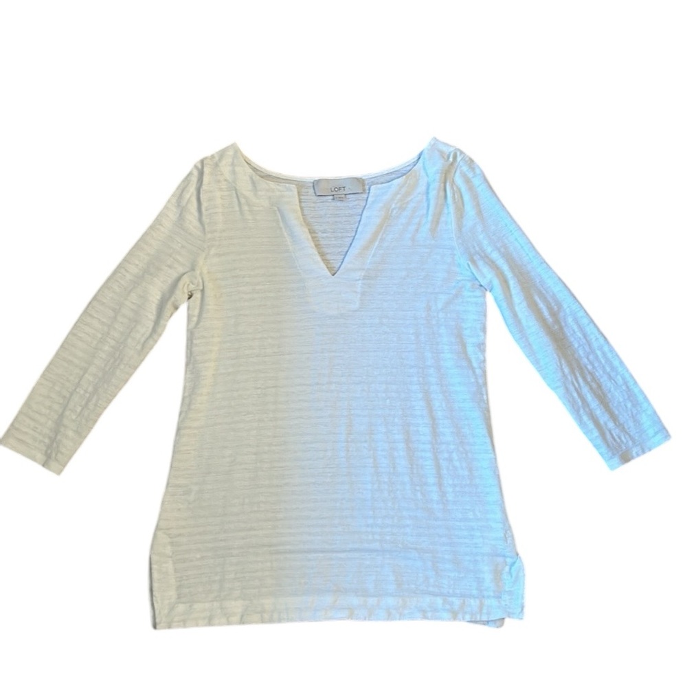 LOFT White Striped Linen Cotton Blend Tunic Top Women’s Size Small